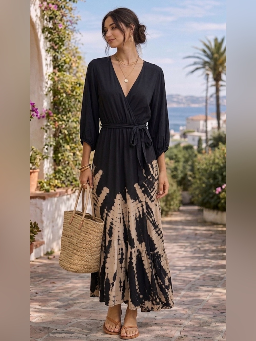 Young Fabulous & Broke Tie Dye Maxi Dress V-Neck Boho Wrap: Medium
